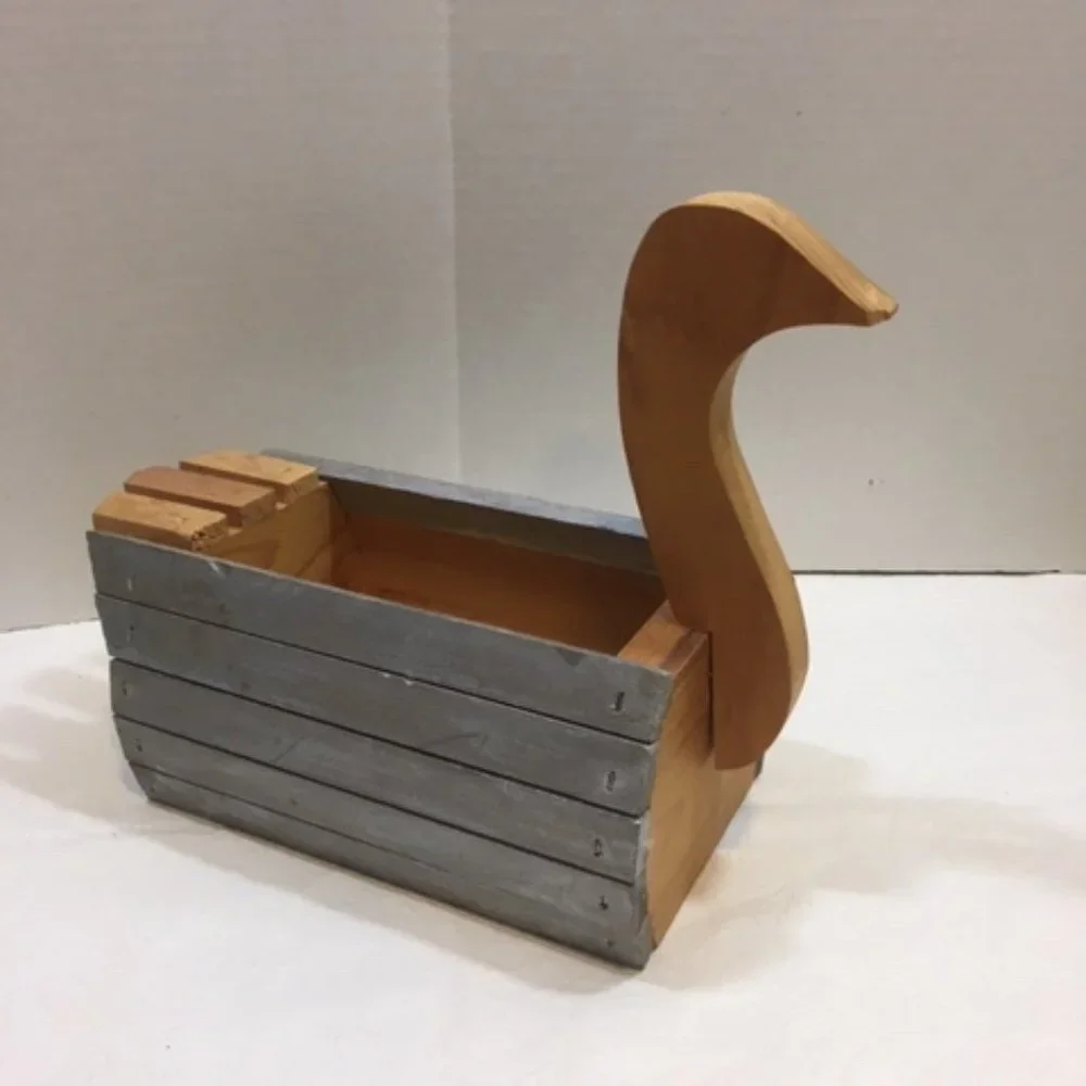 VTG Swan Wood Slat Napkin Holder Basket Planter Handmade Country Style